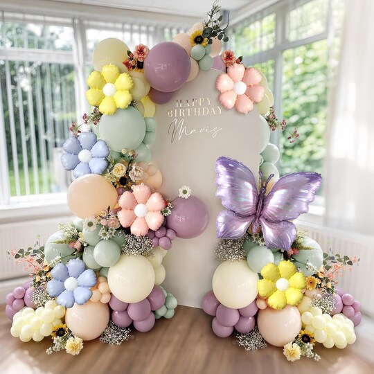 Greentek; Spring Floral Butterfly Balloon Arch Kit – 137 Pcs Pastel Lavender, Purple & Yellow Balloons with Daisy & Butterfly Foil Balloons for Baby Shower, Birthday, Garden, Tea Party & Wildflower Fairy Décor; Category:Balloon Banners & Kits; Image:1